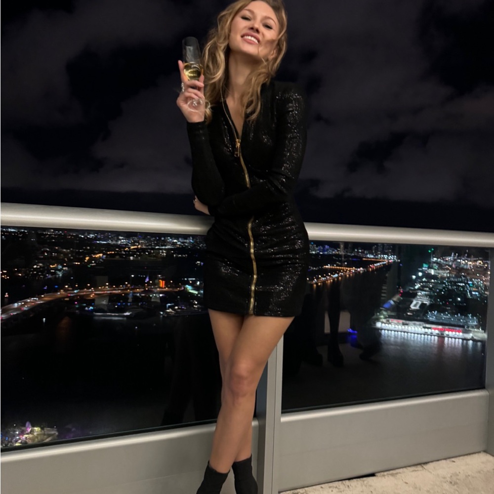 Balmain Black Long Sleeve Sequin Dress